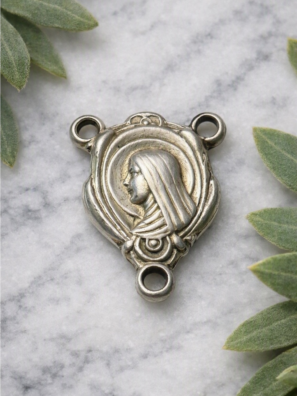 Vintage 2 Sided Sterling Madonna Rosary Center • Mid‑Century Religious Connector